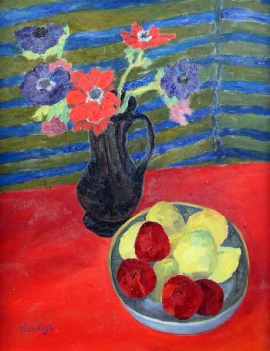 § Eardley Knollys (1902-1991) Still life with flowers and fruit, 26 x 20in.